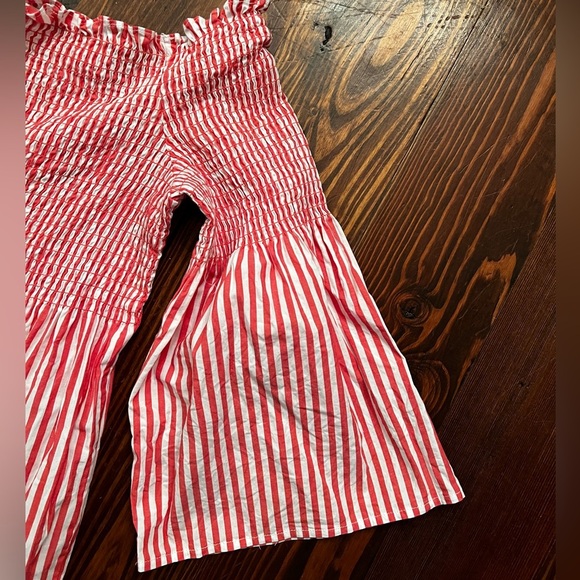 MICHAEL MICHAEL KORS Red & White Striped Off Shoulder Smocked Dress Bell Sleeve - Picture 4 of 7